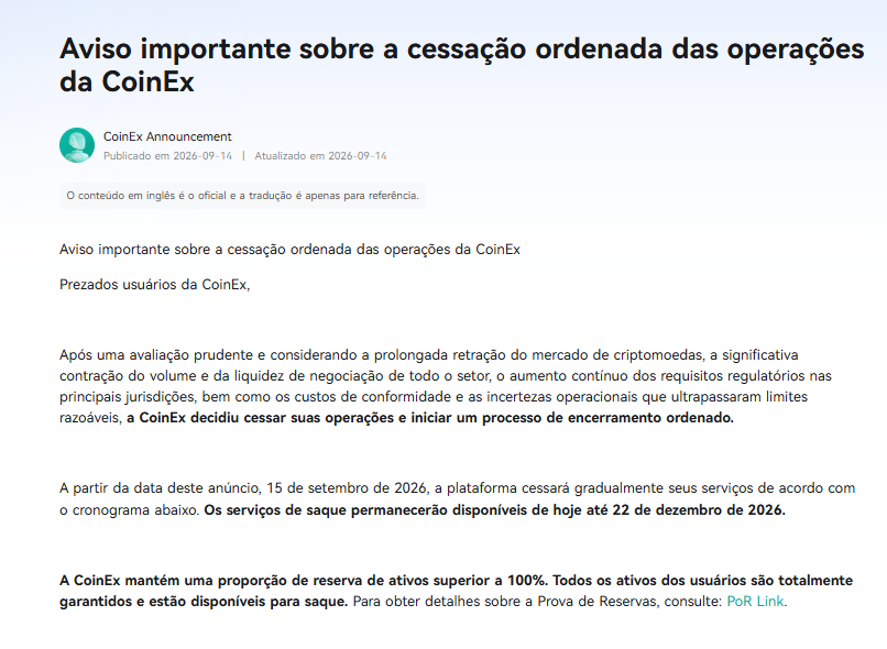 CoinEx anuncia encerramento da corretora e prazo de saques até dezembro