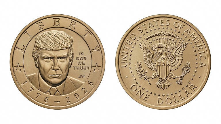 Moeda comemorativa de US$ 1 com rosto de Trump entra em produção e levanta questões legais nos EUA - Imagem do artigo original