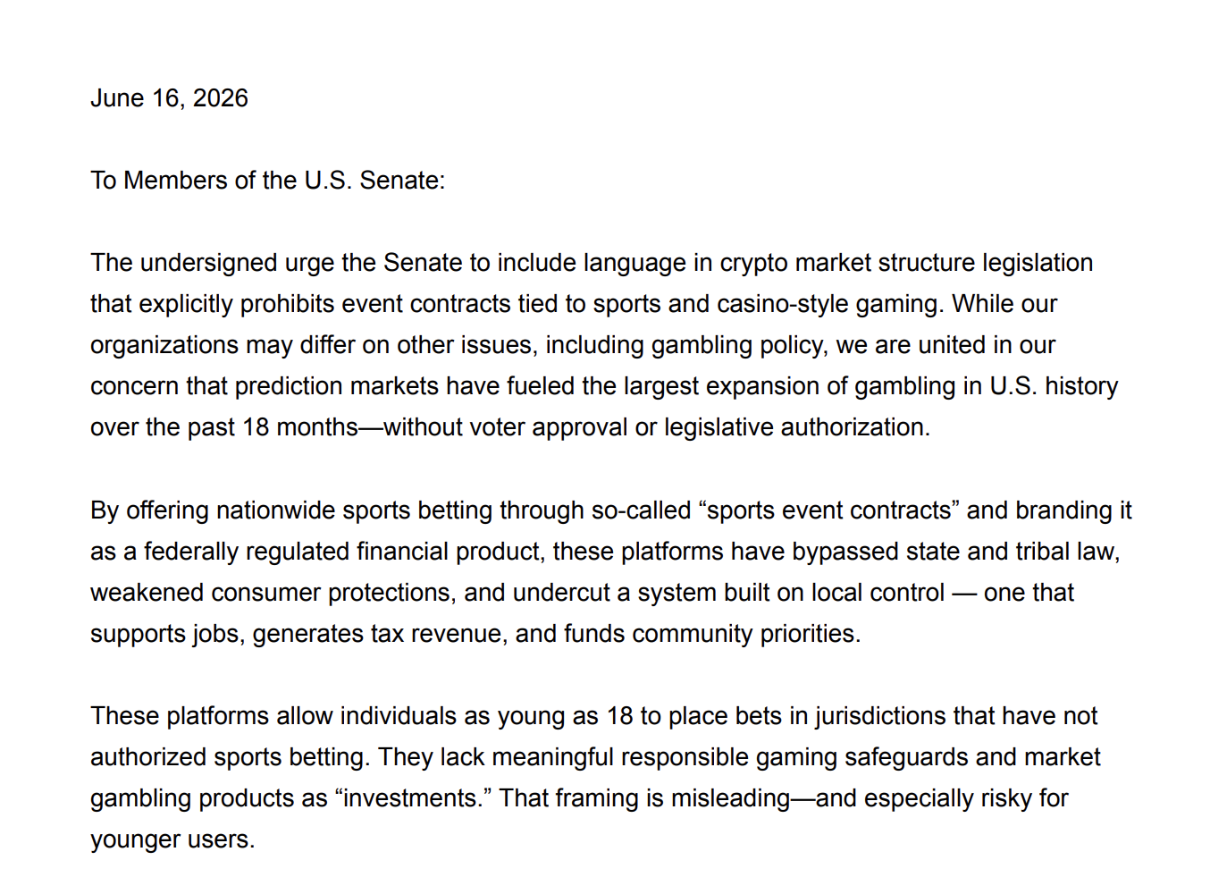 Setor de jogos pressiona Senado dos EUA a barrar apostas esportivas em “prediction markets” no CLARITY Act - Imagem do artigo original